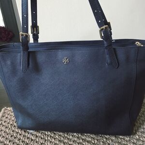 Tory Burch Navy Blue Tote with Gold Accents